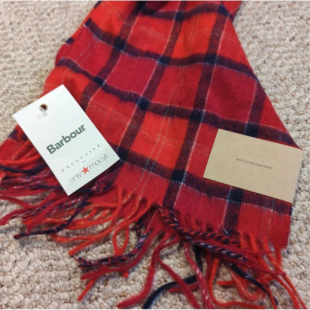 Barbour Original Taratans Lambswool Scarf Fringe Plaid Check Red